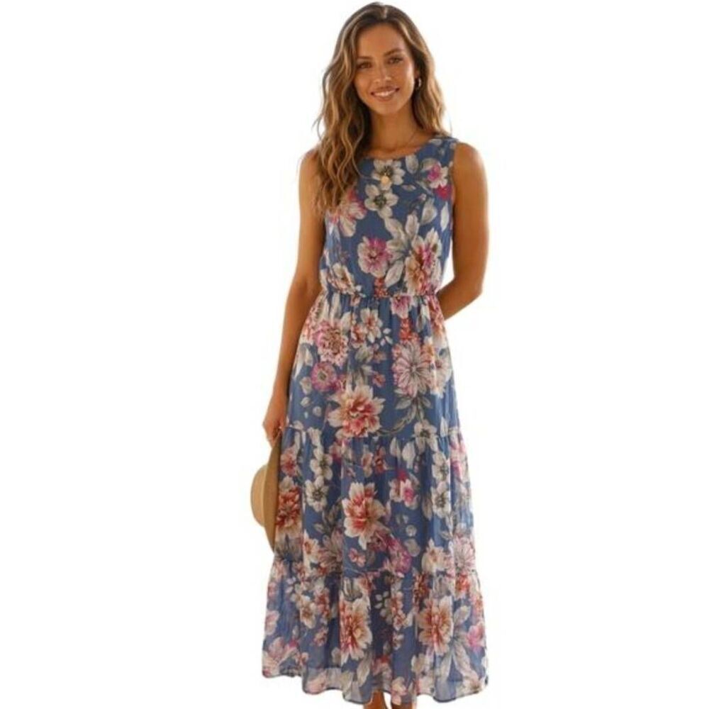 Lara g womens large maxi dress long fairy blue pink coastal resort wear tiered